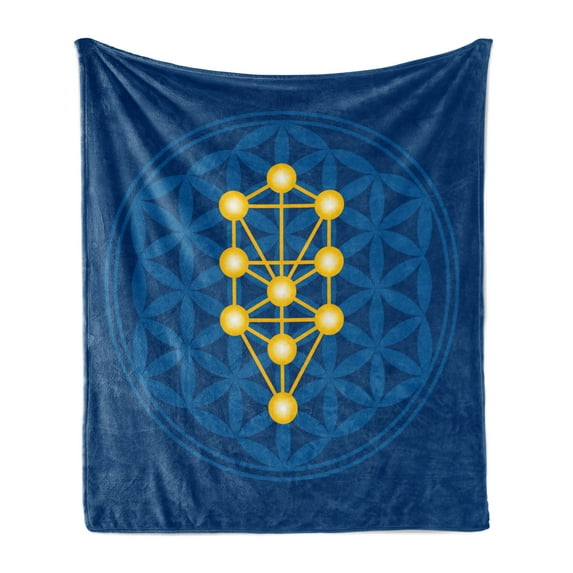 Egyptian Print Soft Flannel Fleece Throw Blanket, Flower of Life Abstract Secret Ratio Pattern, Cozy Plush for Indoor and Outdoor Use, 50" x 70", Violet Blue and Yellow, by Ambesonne