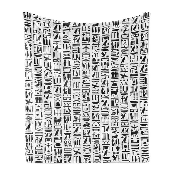 Egyptian Print Soft Flannel Fleece Throw Blanket, Egyptian Hieroglyphic Writing Monochrome Composition Old Signs, Cozy Plush for Indoor and Outdoor Use, 50" x 60", Black White, by Ambesonne
