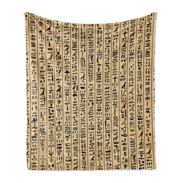 Egyptian Print Soft Flannel Fleece Throw Blanket, Hieroglyphs Grunge Pattern on Stripes Archeology History Language, Cozy Plush for Indoor and Outdoor Use, 50" x 60", Sand Brown Black, by Ambesonne