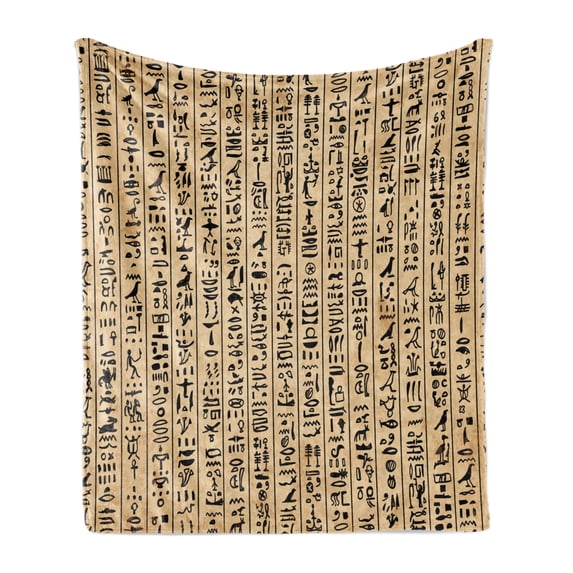 Egyptian Print Soft Flannel Fleece Throw Blanket, Hieroglyphs Grunge Pattern on Stripes Archeology History Language, Cozy Plush for Indoor and Outdoor Use, 60" x 80", Sand Brown Black, by Ambesonne