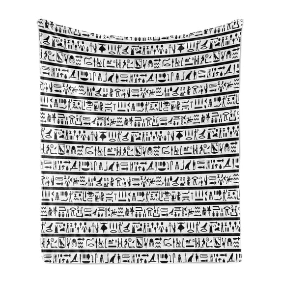 Egyptian Print Soft Flannel Fleece Throw Blanket, Historical Language Writing with Pictographic Style Cultural Traditional, Cozy Plush for Indoor and Outdoor Use, 60" x 80", Black White, by Ambesonne