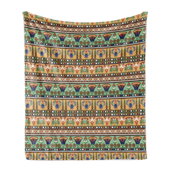 Egyptian Print Soft Flannel Fleece Throw Blanket, Motifs Pattern Lily Flower and Scarab Abstract Design, Cozy Plush for Indoor and Outdoor Use, 60" x 80", Multicolor, by Ambesonne