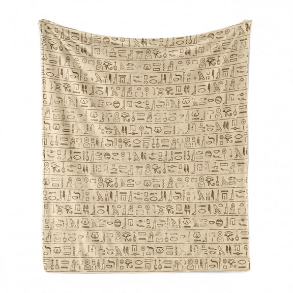 Egyptian Print Soft Flannel Fleece Throw Blanket, Old Dated Hieroglyphics Language Hand Written Style Borders Worn Look, Cozy Plush for Indoor and Outdoor Use, 50" x 70", Tan Brown, by Ambesonne