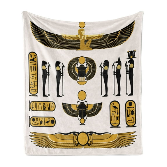 Egyptian Print Soft Flannel Fleece Throw Blanket, Old Historical Egyptian Myth Mummy Sun Art Illustration, Cozy Plush for Indoor and Outdoor Use, 60" x 80", Yellow Black, by Ambesonne