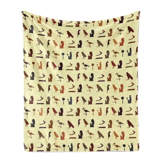 Egyptian Print Soft Flannel Fleece Throw Blanket, Pattern with Egyptian in Earth Tones Hieroglyph Language, Cozy Plush for Indoor and Outdoor Use, 60" x 80", Multicolor, by Ambesonne