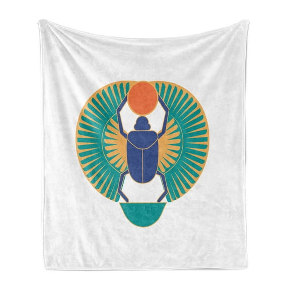 Egyptian Print Soft Flannel Fleece Throw Blanket, Rebirth Scarab Holding Sun with Wing Motifs, Cozy Plush for Indoor and Outdoor Use, 50" x 60", Multicolor, by Ambesonne