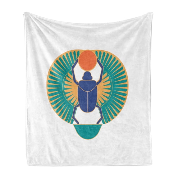 Egyptian Print Soft Flannel Fleece Throw Blanket, Rebirth Scarab Holding Sun with Wing Motifs, Cozy Plush for Indoor and Outdoor Use, 50" x 70", Multicolor, by Ambesonne
