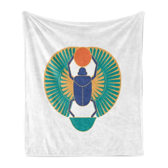 Egyptian Print Soft Flannel Fleece Throw Blanket, Rebirth Scarab Holding Sun with Wing Motifs, Cozy Plush for Indoor and Outdoor Use, 60" x 80", Multicolor, by Ambesonne