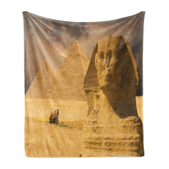 Egyptian Print Soft Flannel Fleece Throw Blanket, Sphinx Face Other Pyramids in Egypt Old Historical Monument, Cozy Plush for Indoor and Outdoor Use, 70" x 90", Amber Sand Brown, by Ambesonne