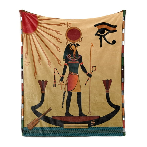 Egyptian Print Soft Flannel Fleece Throw Blanket, Sun Old Egyptian Timeless Grace Antique Tradition Illustration, Cozy Plush for Indoor and Outdoor Use, 50" x 60", Multicolor, by Ambesonne