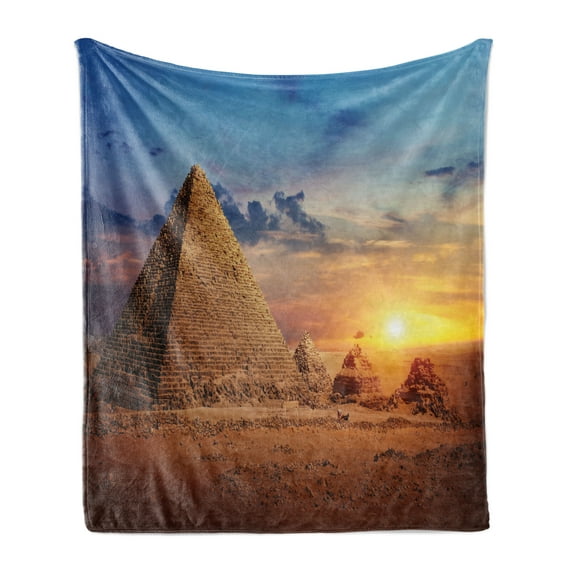 Egyptian Print Soft Flannel Fleece Throw Blanket, Sunset Scenery Photo from Desert and Pyramids Traveling Tourism Themed, Cozy Plush for Indoor and Outdoor Use, 60" x 80", Multicolor, by Ambesonne