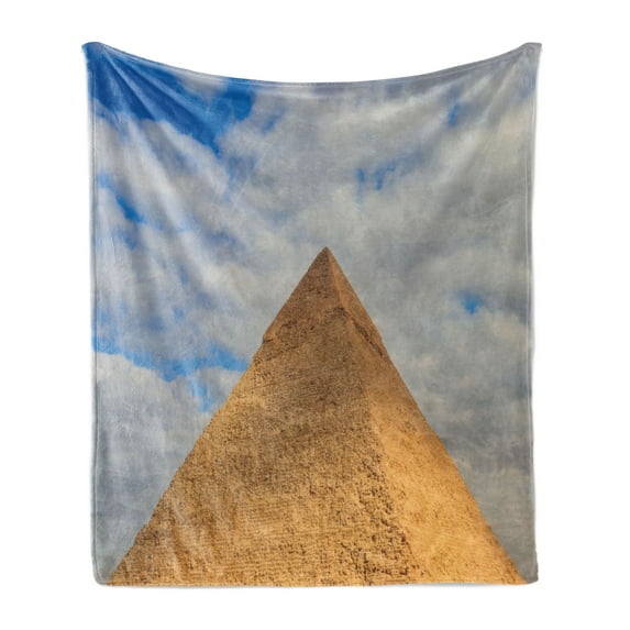 Egyptian Print Soft Flannel Fleece Throw Blanket, Top of Pyramid Photo with Fluffy Cloudy Soft Sky, Cozy Plush for Indoor and Outdoor Use, 50" x 60", Caramel Pale Orange, by Ambesonne