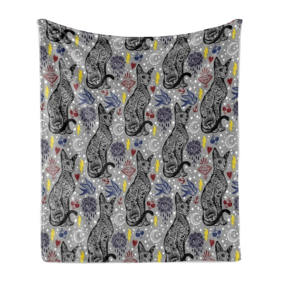 Egyptian Print Soft Flannel Fleece Throw Blanket, Vintage Cat with Various Ornaments Hearts Cherries Eyes Theme, Cozy Plush for Indoor and Outdoor Use, 50" x 60", Multicolor, by Ambesonne