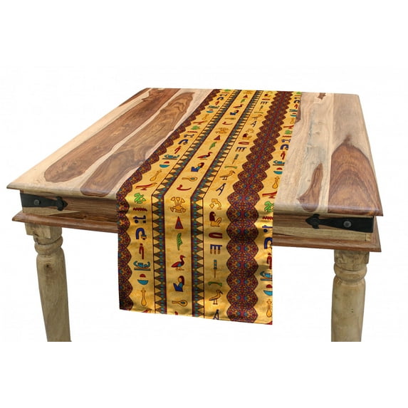 Egyptian Print Table Runner, Hieroglyphs and Floral Geometric Ornament Border Aged Paper Style Backdrop, Dining Room Kitchen Rectangular Runner, 16" X 72", Multicolor, by Ambesonne