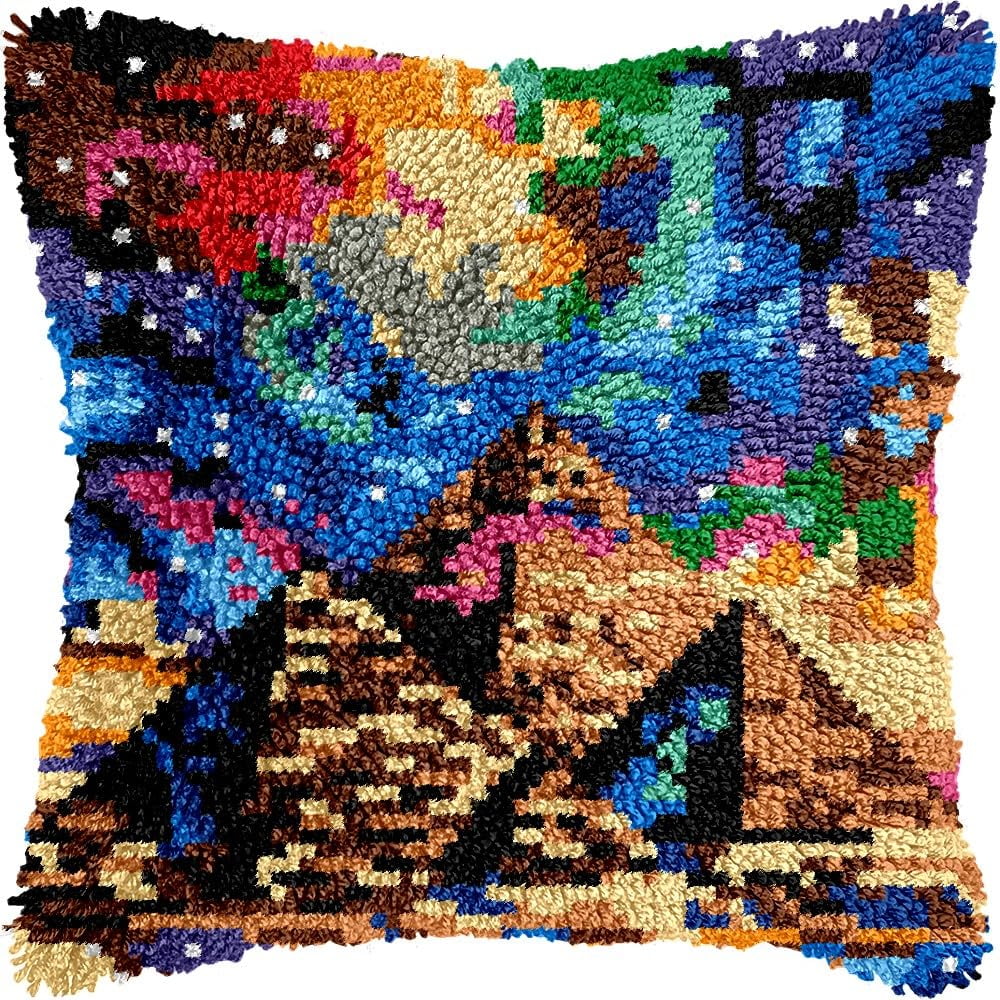 Egyptian Prymid Latch Hook Pillow Kits for DIY Handmade Throw Pillow Cushion Embroidery Latch Hooking Pillowcase Kits with Preprinted Canvas Crochet Yarn Kits 17''X 17''(g39)