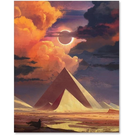 Egyptian Pyramid Canvas Decor Under Solar Eclipse Painting Futuristic Science Fiction Aesthetic Style Egyptian Art Fantastic Landscape Art Panel Wall Picture Poster 12x16 inch Unframed