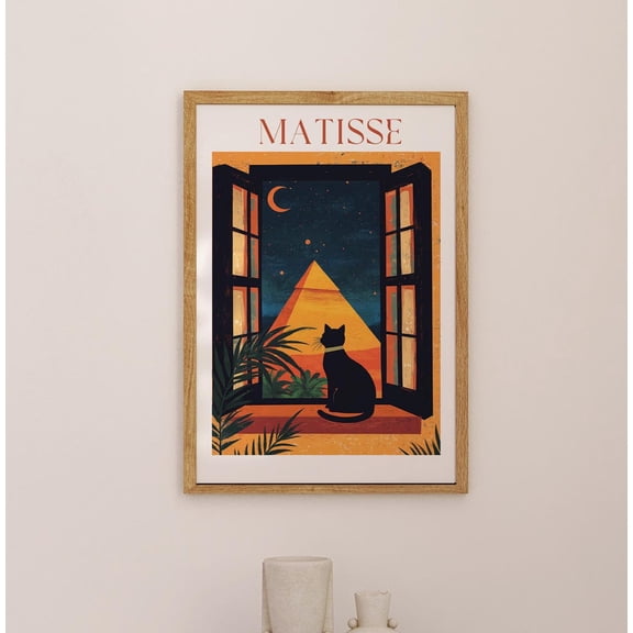 Egyptian Pyramid Open Window Art Print, Cat Illustration, Desert View, Stretched Canvas Size 12x18