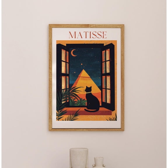 Egyptian Pyramid Open Window Art Print, Cat Illustration, Desert View, Unframed Paper Print Size 8x12