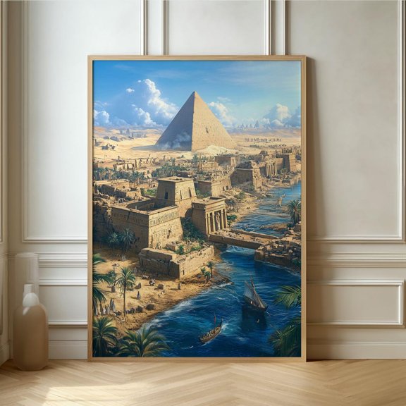Egyptian Pyramid View Print Nile River Desert Landscape