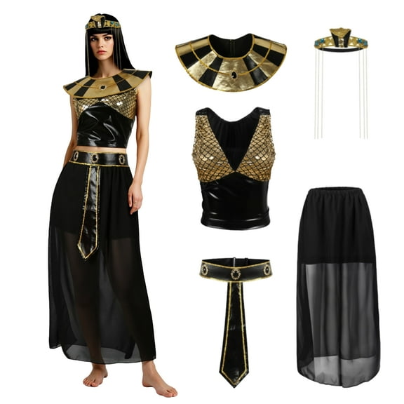 Egyptian Queen Cleopatra Costume, Black and Gold Dress with Scale Collar, Headpiece and Belt, Adult Standard Size