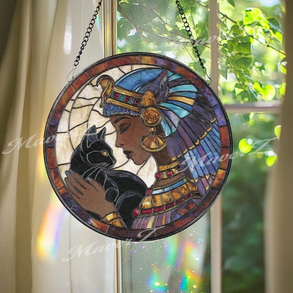 Egyptian Queen Glass Suncatcher, Black Cat Window Art, Goddess Bastet Decor, 3.5 in