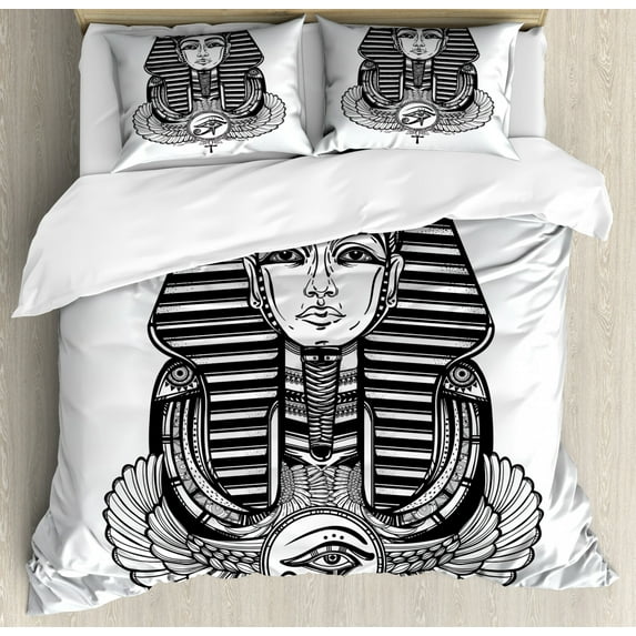 Egyptian Queen Size Duvet Cover Set, Hand-drawn Vintage Tattoo Art of an Ancient Figure Pharaoh with Winged Ankh, Decorative 3 Piece Bedding Set with 2 Pillow Shams, Black and White, by Ambesonne