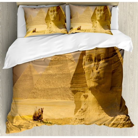 Egyptian Queen Size Duvet Cover Set, The Great Sphinx Face with Other Pyramids in Egypt Old Historical Monument, Decorative 3 Piece Bedding Set with 2 Pillow Shams, Amber Sand Brown, by Ambesonne
