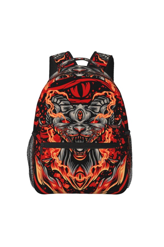 Egyptian Satanic Cat Fire Backpack Casual College Bag Zipper Laptop Daypack Hiking Rucksack Travel
