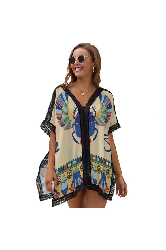 Egyptian Scarab Print Women's Swimsuit Coverup Summer Beach Cover Up Bathing Suit Dress