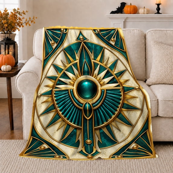 Egyptian Scarab Sunburst with Teal and Gold Shapes, Regal Egyptian Revival Pattern for History Lovers, Birthday Gift, Cozy Flannel Blanket for Bedroom and Study Room, Elegant Home Decor