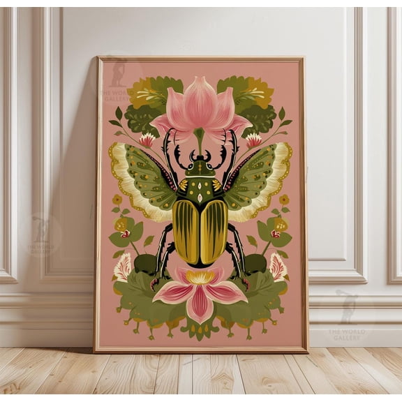 Egyptian Scarab Wall Art Print With Blush Lotus Emerald Rose And Mystical Decor