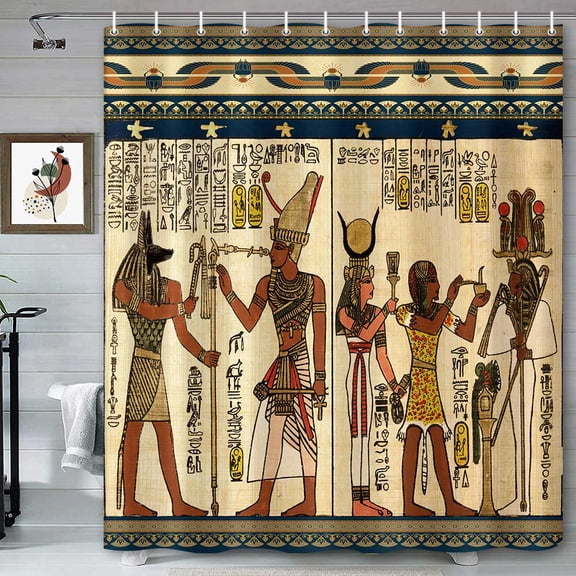 Egyptian Shower Curtain, Hieroglyphic Pharaoh Nile r iver Cleopatra Egypt Themed Bath Curtain, Waterproof Polyester Fabric Bathroom Accessories Set with Hooks, 72 x 72