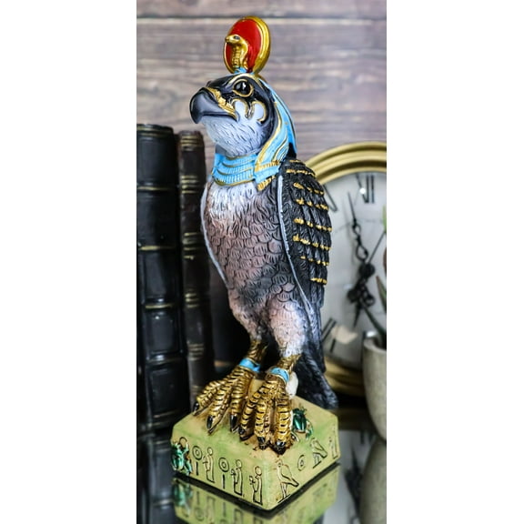 Egyptian Sky God Horus Falcon Bird With Pschent On Hieroglyphic Base Figurine