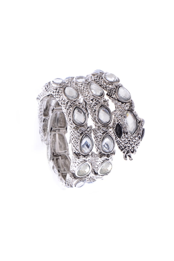 Egyptian Snake Rhinestones Stretch Cuff Wrap Bangle Bracelet, Silver