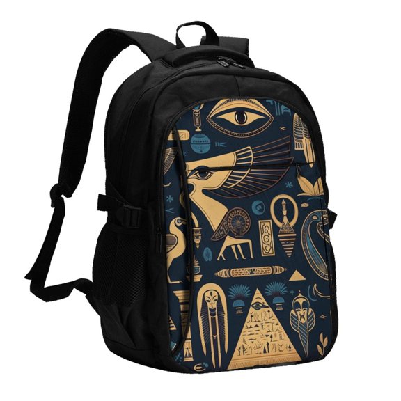 Egyptian Symbols Hieroglyphs Mascots Vintage Laptop Backpack with USB Charging Headphone Port Casual Daypack Bag College Business Travel