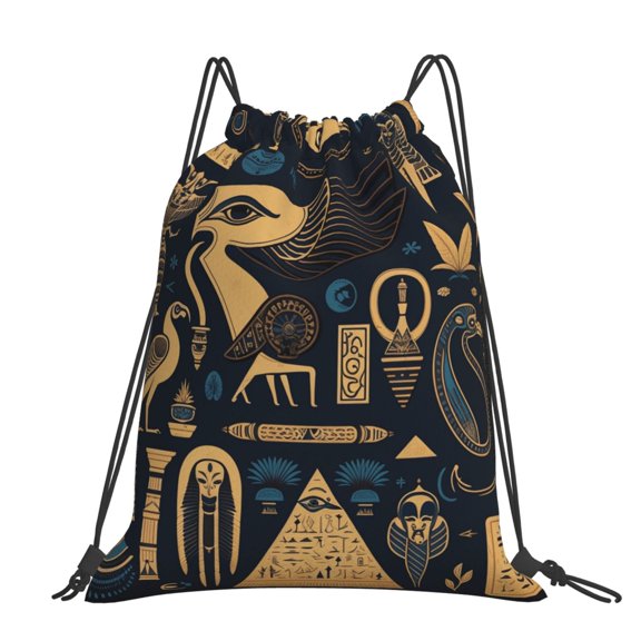 Egyptian Symbols Hieroglyphs Mascots Vintage Large Drawstring Backpack Casual Cinch Sack Bag Backpack for Sports Hiking Travel Gym