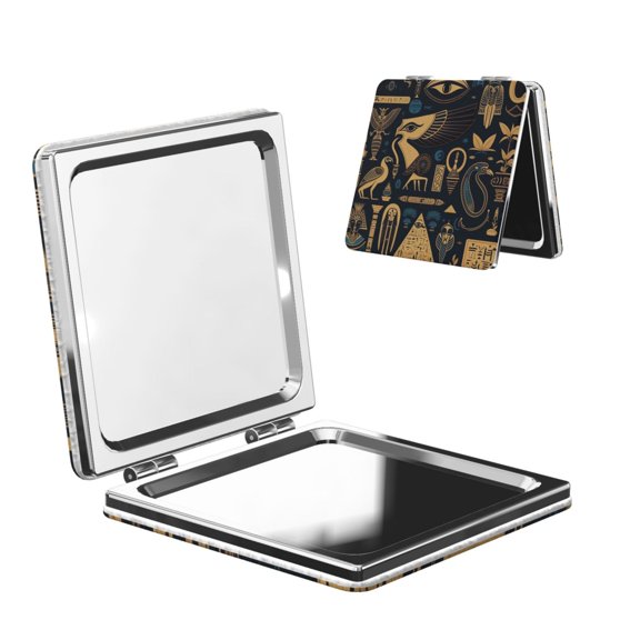 Egyptian Symbols Hieroglyphs Mascots Vintage Portable Double-Sided Face Mirror Square, Magnifying Compact Pocket Mirror with PU Leather Cover