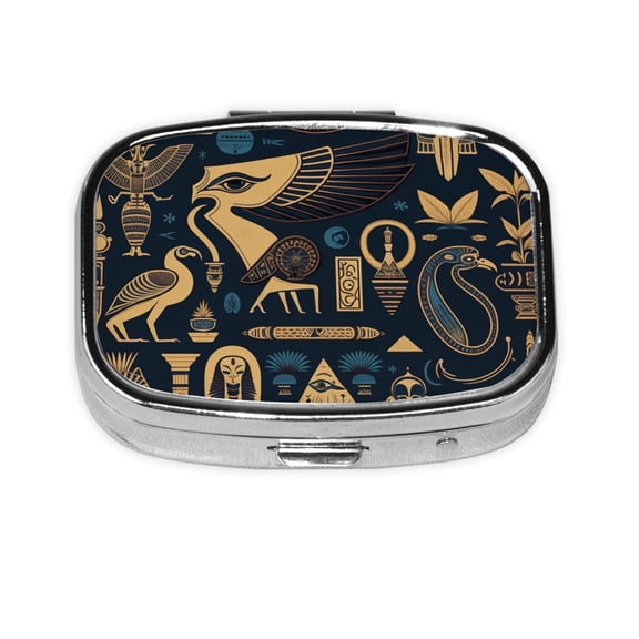 Egyptian Symbols Hieroglyphs Mascots Vintage Square Pill Box 2 Compartment Pill Case Medicine Organizer Decorative Gift for Purse Pocket
