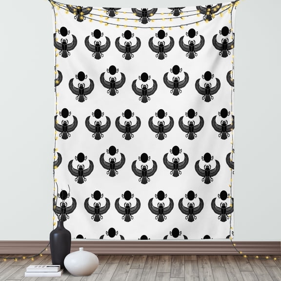Egyptian Tapestry, Legendary Beetle Scarab Silhouettes Folkloric Fantasy Bug Insect with Wings Art, Wall Hanging for Bedroom Living Room Dorm Decor, 40W X 60L Inches, Black White, by Ambesonne