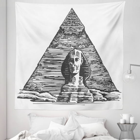 Egyptian Tapestry, Sketch Art of Sphinx and the Pyramid Old Empire Historical, Fabric Wall Hanging Decor for Bedroom Living Room Dorm, 5 Sizes, Charcoal Grey White, by Ambesonne