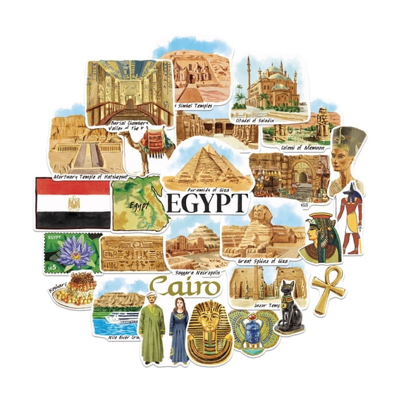 Egyptian-Themed Travel Sticker Set 28pcs Hand-Illustrated Journal & Scrapbook Decor