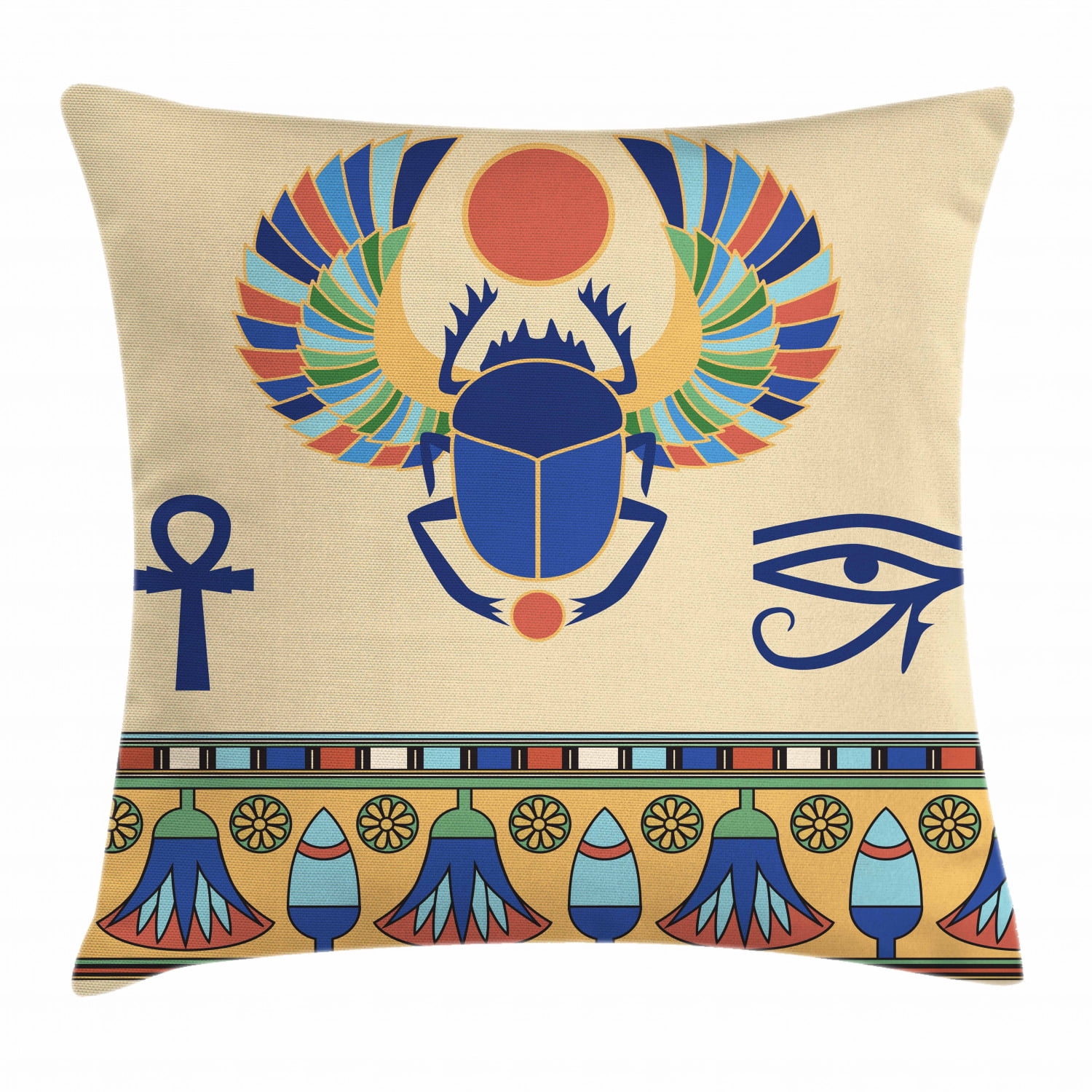 Egyptian Throw Pillow Cushion Cover, Ancient Antique Historical Culture Icon of Scarab Eye of Ra Horus with Ornaments, Decorative Square Accent Pillow Case, 24 X 24 Inches, Multicolor, by Ambesonne