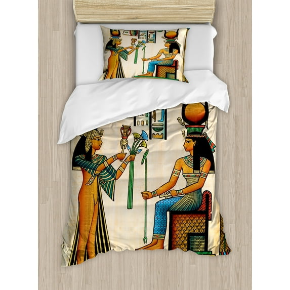 Egyptian Twin Size Duvet Cover Set, Old Egyptian Papyrus Depicting Queen Nefertari with Historical Empire Artwork, Decorative 2 Piece Bedding Set with 1 Pillow Sham, Multicolor, by Ambesonne