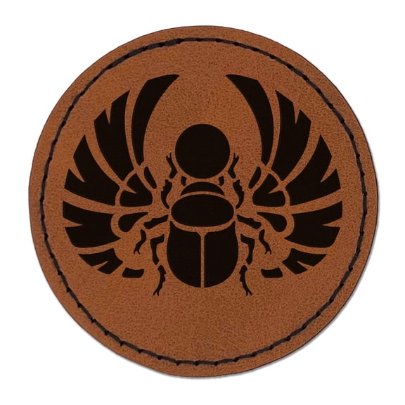 Egyptian Winged Scarab Beetle Pharaoh Mummy Amulet Insect Bug 2.5" Faux Leather Round Engraved Iron-On Patch - Brown