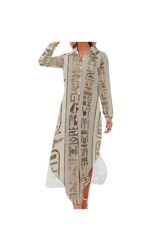 Egyptian hieroglyphs Pastel Gold Long Sleeved Shirt Dress Dress women Women's dresses dresses for women Female clothing
