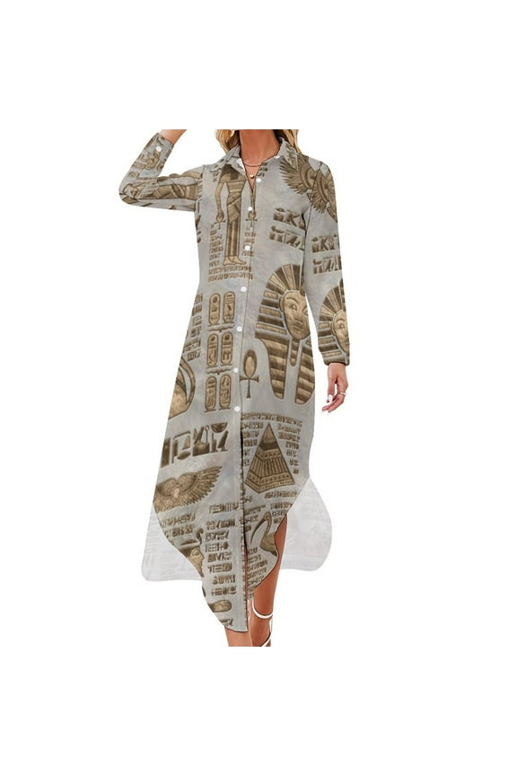 Egyptian hieroglyphs and deities -Vintage Gold Long Sleeved Shirt Dress women clothing new arrivals dresses for women 2024