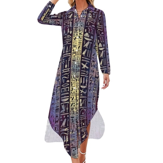 Egyptian hieroglyphs on purple violet painted texture Long Sleeved Shirt Dress summer women's suit