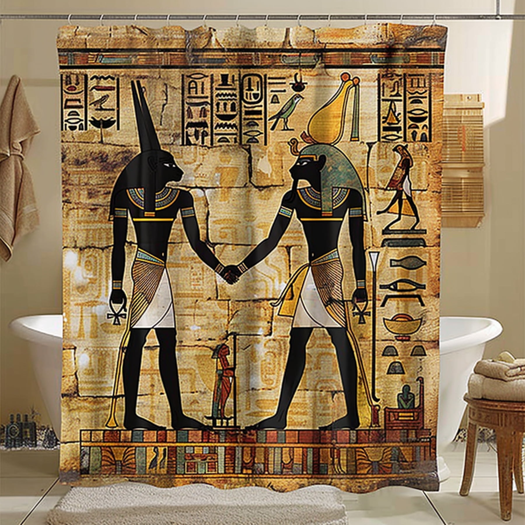 Egyptianthemed Shower Curtain featuring Anubis and Pharaoh holding ...