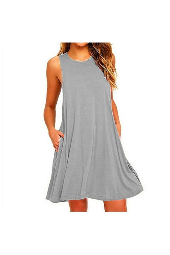Summer Casual Dresses for Women Sleeveless Midi Dress Swing Tank Sundress Pleated Tshirt Dress S-2XL