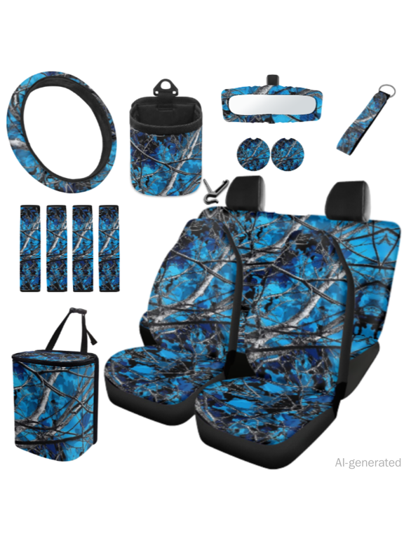 15 PCS Car Seat Cover Full Set, with Protective Car Safety Belt Cover, Blue Camo Tree Pattern Car Cup Holder Coaster Suitable for Trucks